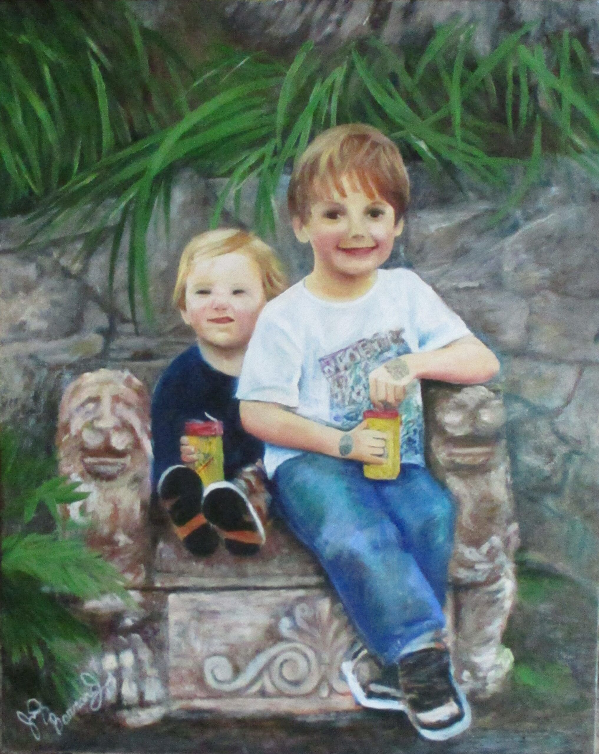 #322 Boys in the lion chair 6-24-2025 oil on canvas 30 x24 signed